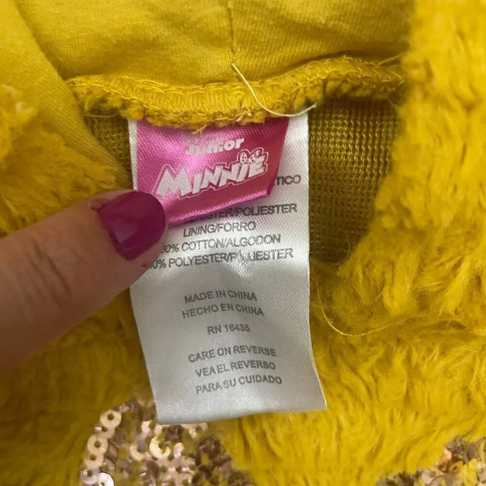 Disney Jr. Minnie Mouse Girls Yellow Gold sequin Hoodie with Pink Bow 5 Parks